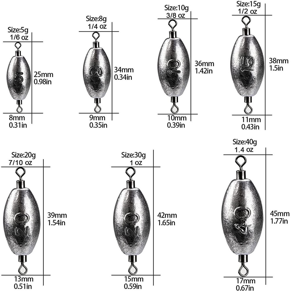 Fishing Weights Inline Trolling Fish Sinker Tackle with Inner Swivels Oval Drop