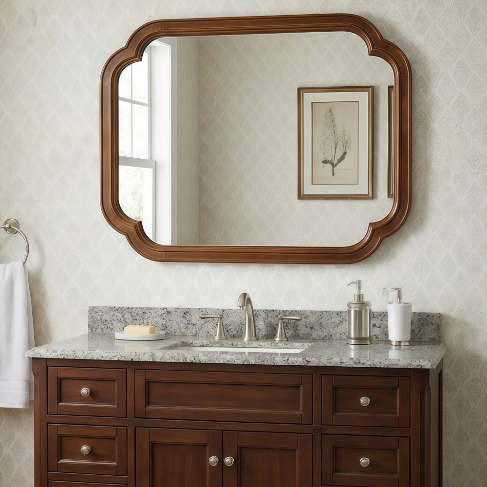 24x36 Solid Walnut Wall Mirror with Tempered Glass, Round Corner Art Deco