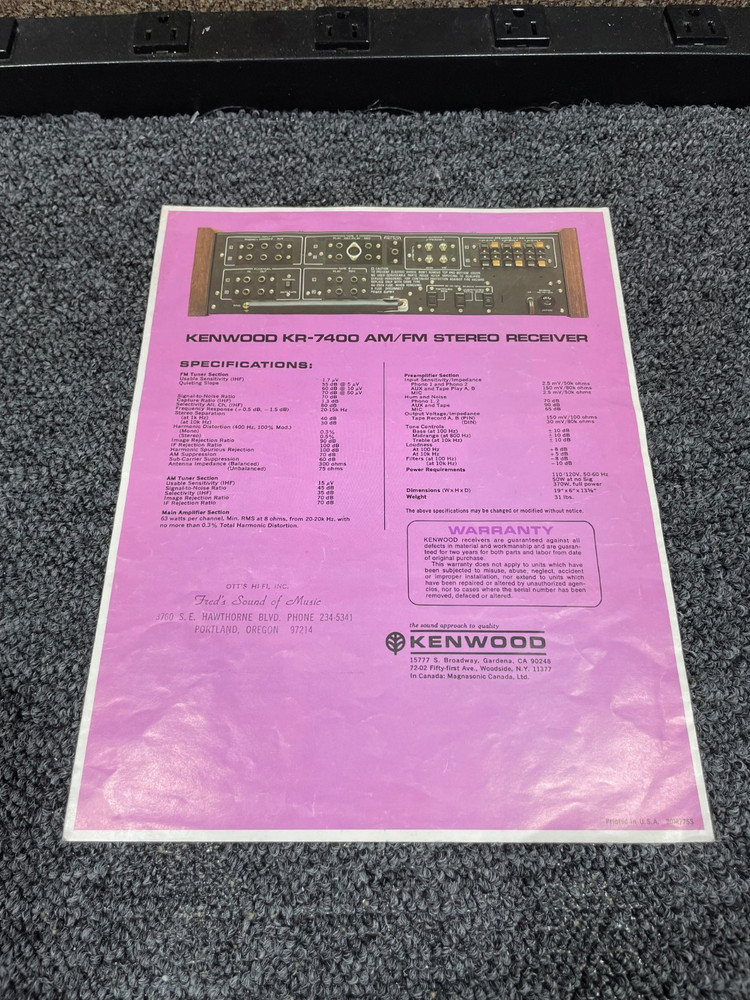 Kenwood Model KR-7400 Specifications Manual - Original!