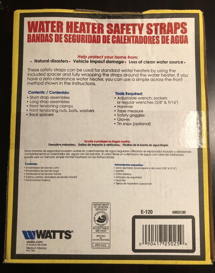 Double Hot Water Heater Safety Straps, Watts E-120 Adjustable To 120 Gallon Size