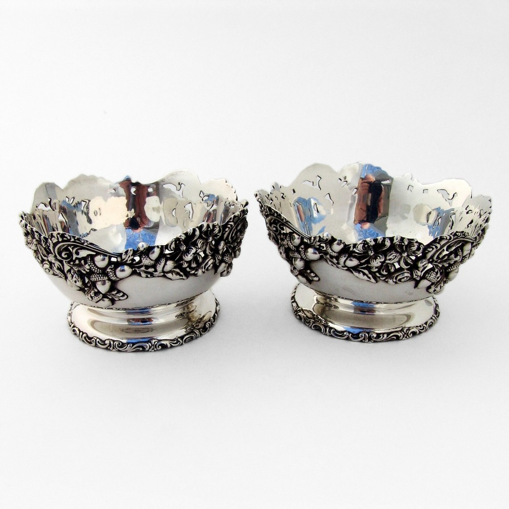 Applied Acorn Border Footed Bowls Pair Sterling Silver