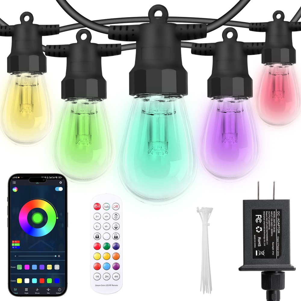 100FT Outdoor String Lights with 40 RGBW Bulbs, APP Control & Waterproof