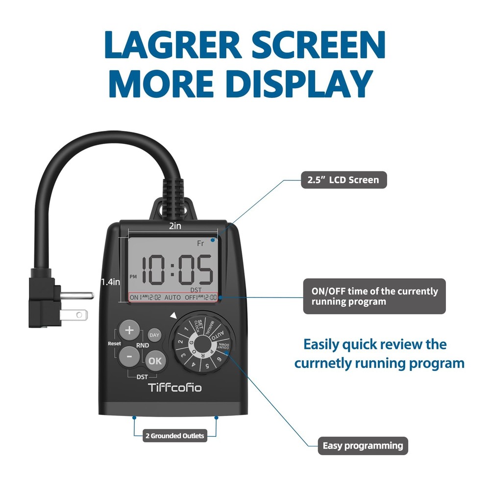 TiFFCOFiO Digital Outdoor Timer Outlet, Dial Programmable 1 PACK, Black