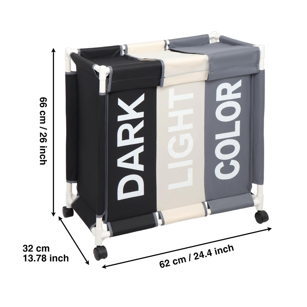 Laundry Sorter 3 Section Hamper Basket with X-large, White&Grey&Black