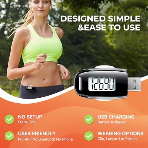 3D Pedometer for Walking, Simple Walking Step Counter with Removable Clip Black