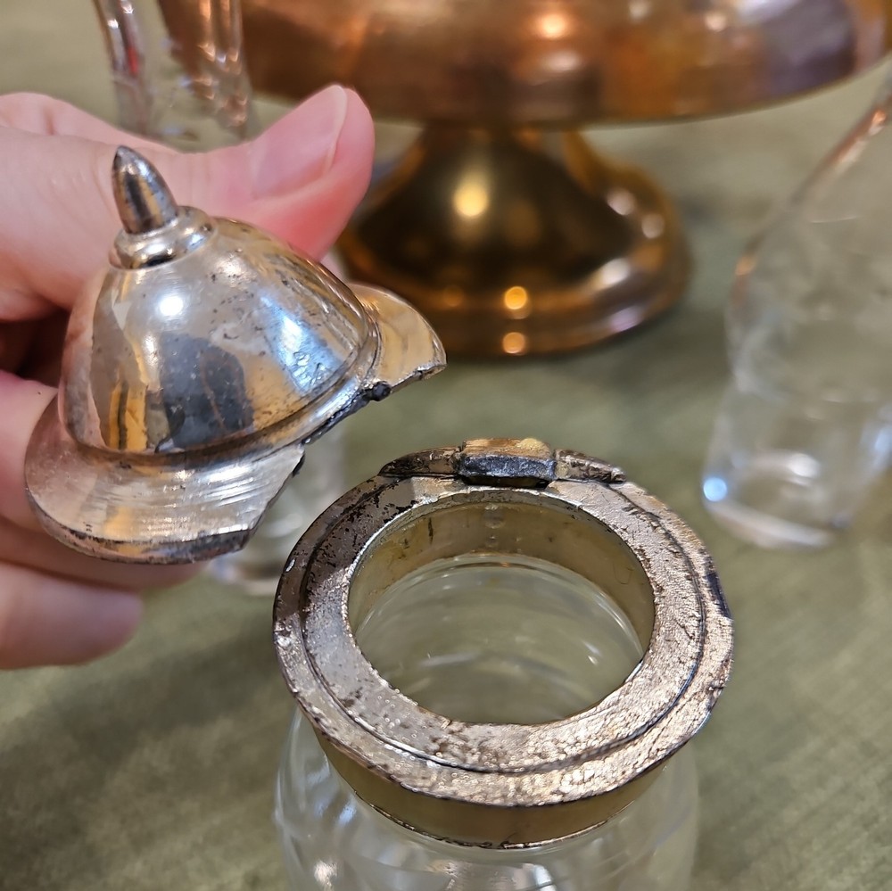 Antique Etched Solid Brass Spinning Cruet Set W/ Silver Plated Cruet Bottles