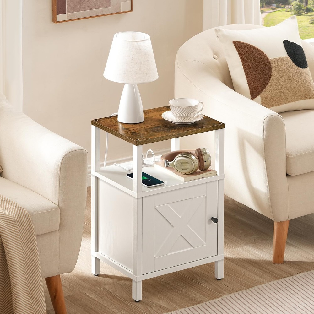 Nightstand Charging Station USB Type C Outlets Storage White Rustic Brown Table