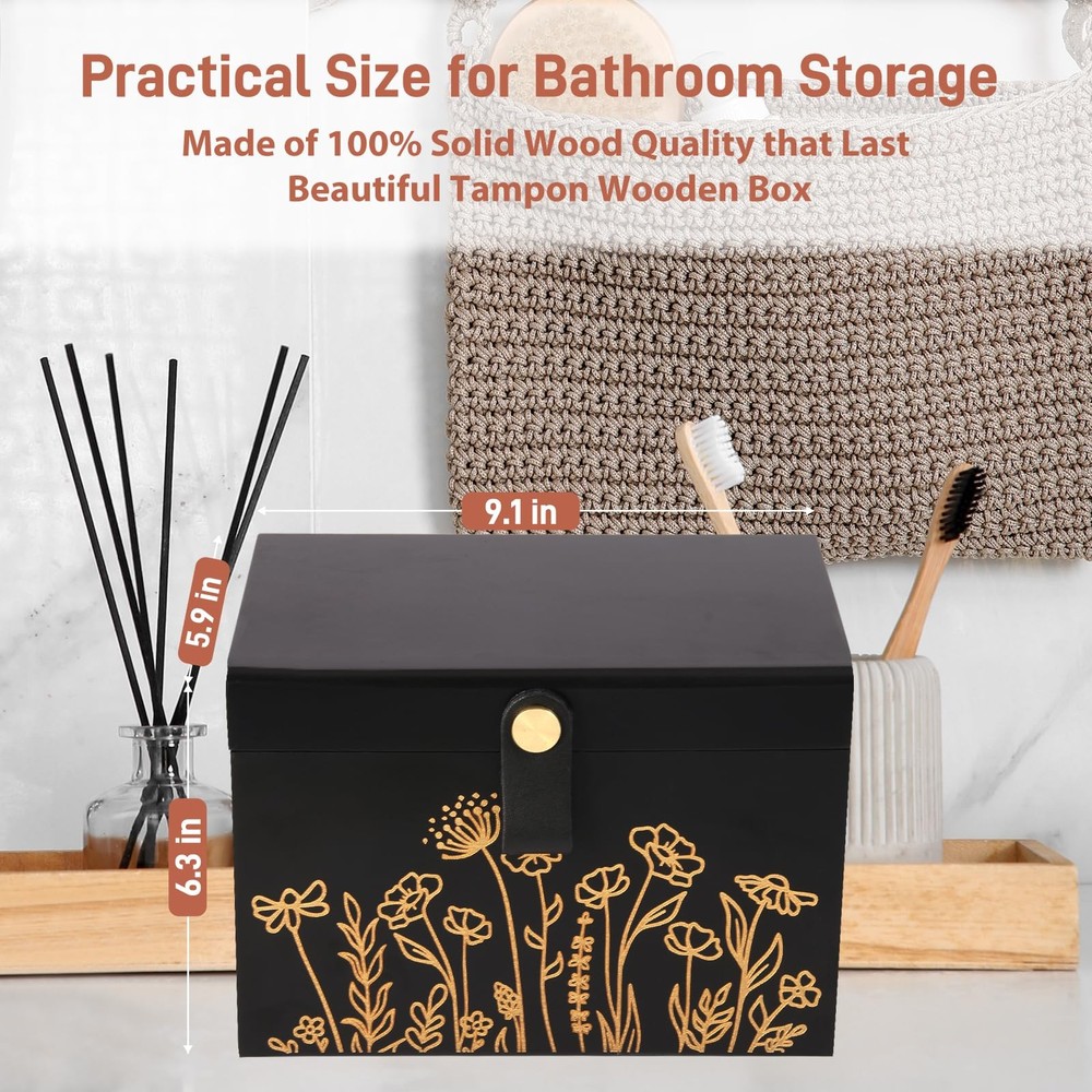 100% Solid Wood Tampon Holder with Lid, Copper Leather Pull, Absolute Real Wo...