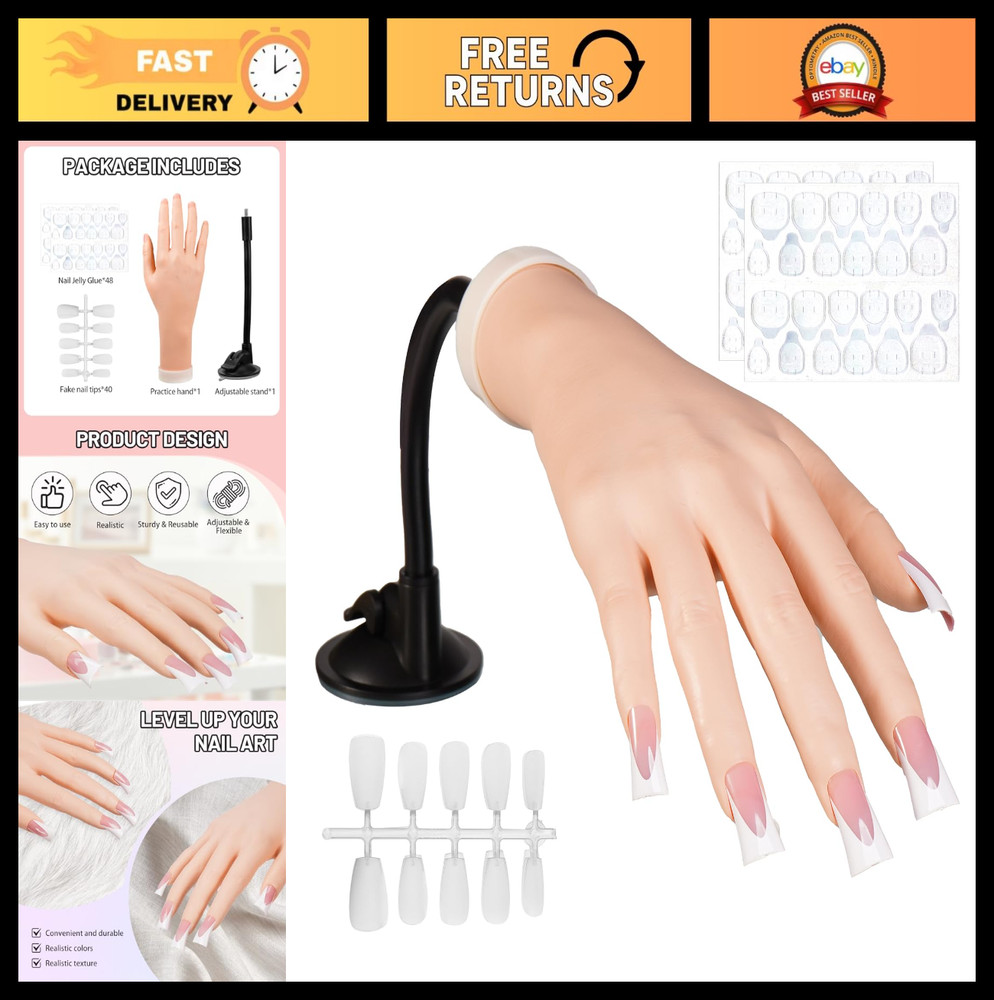 Realistic Silicone Practice Hand for Acrylic Nails, 40 Tips & Adhesive Tabs, Reu