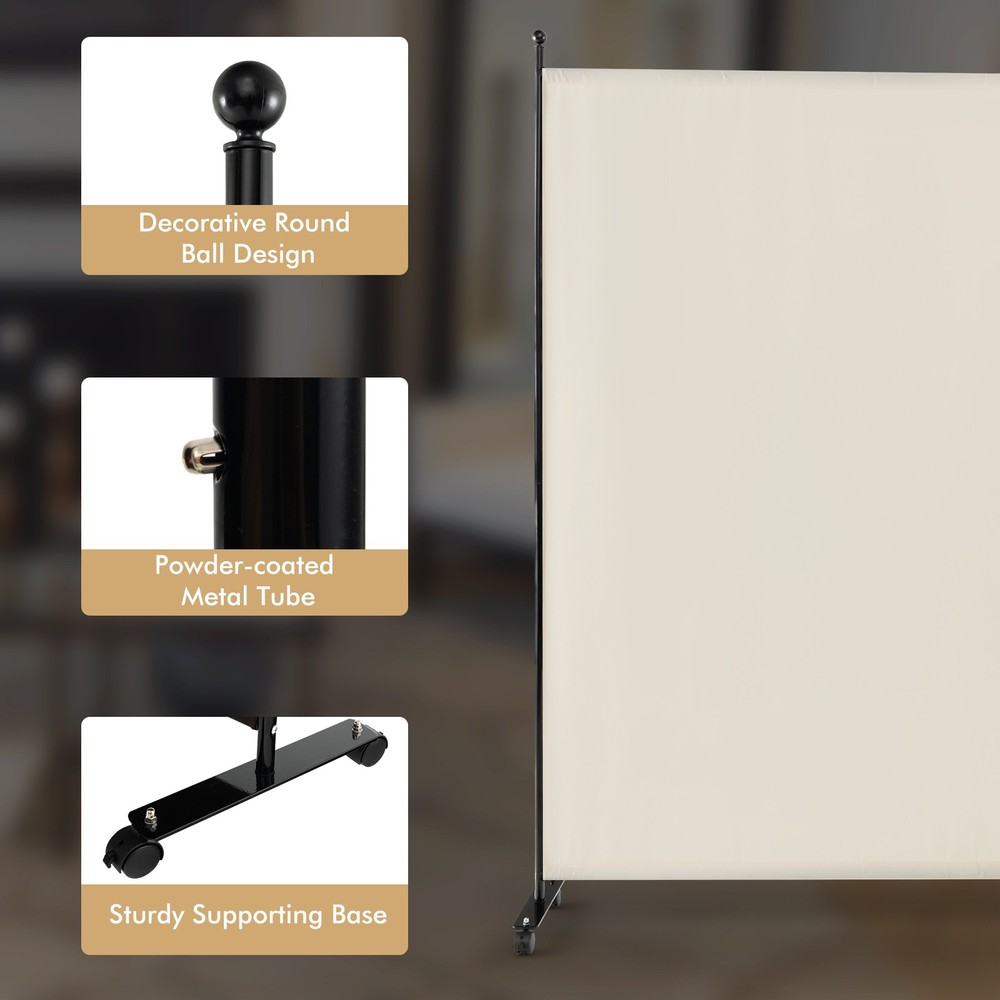 6' Single Panel Room Divider w/ Wheels Rolling Fabric Partition Privacy Screen