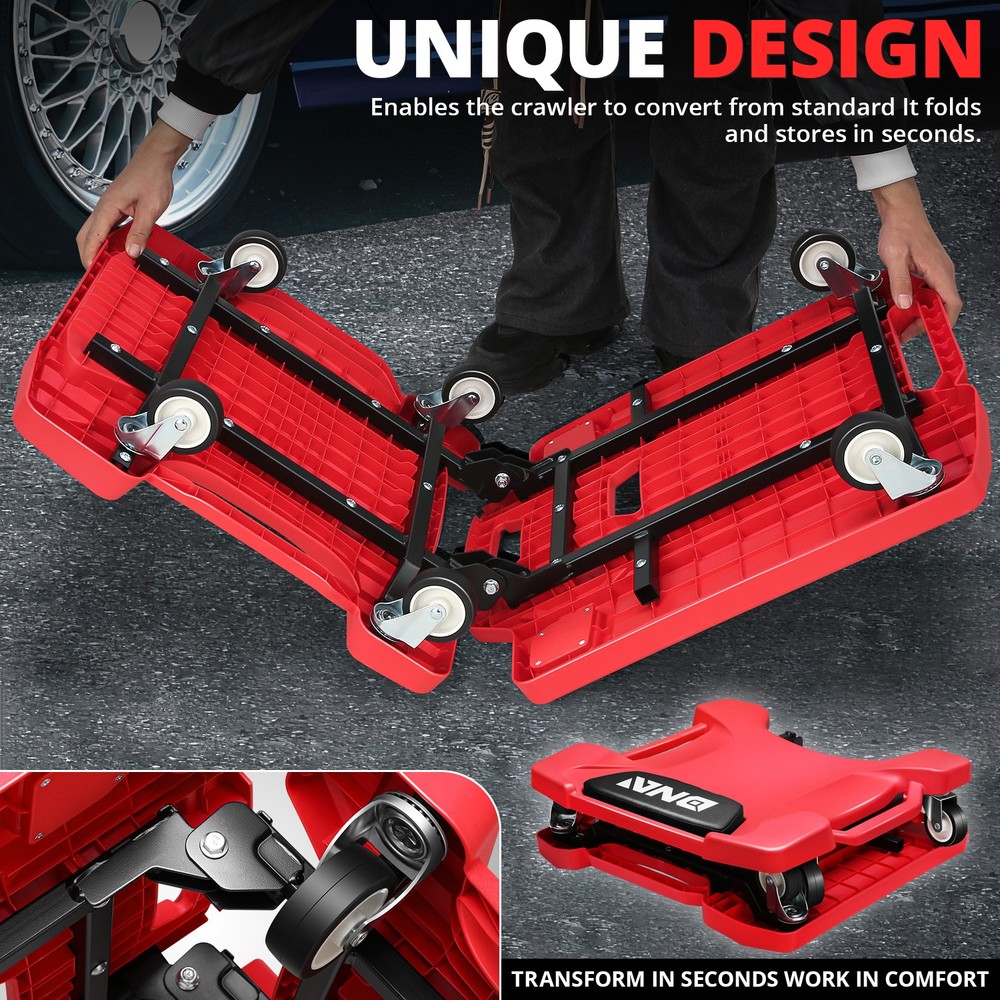 Foldable Low Profile Creeper for For Auto Mechanics Garage Stool Rolling Red