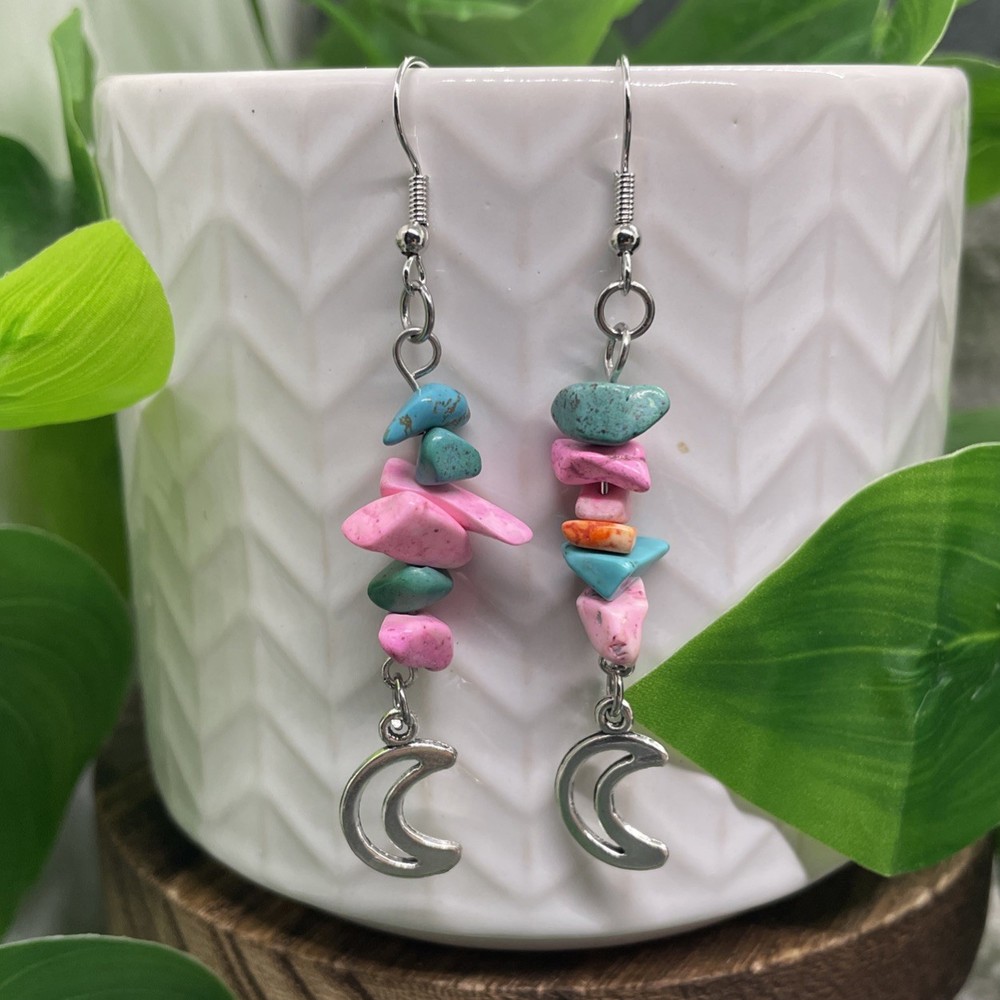 2.25” Earring Set Silver-tone Boho Stone Chips Dangle Drop New Moon B7328