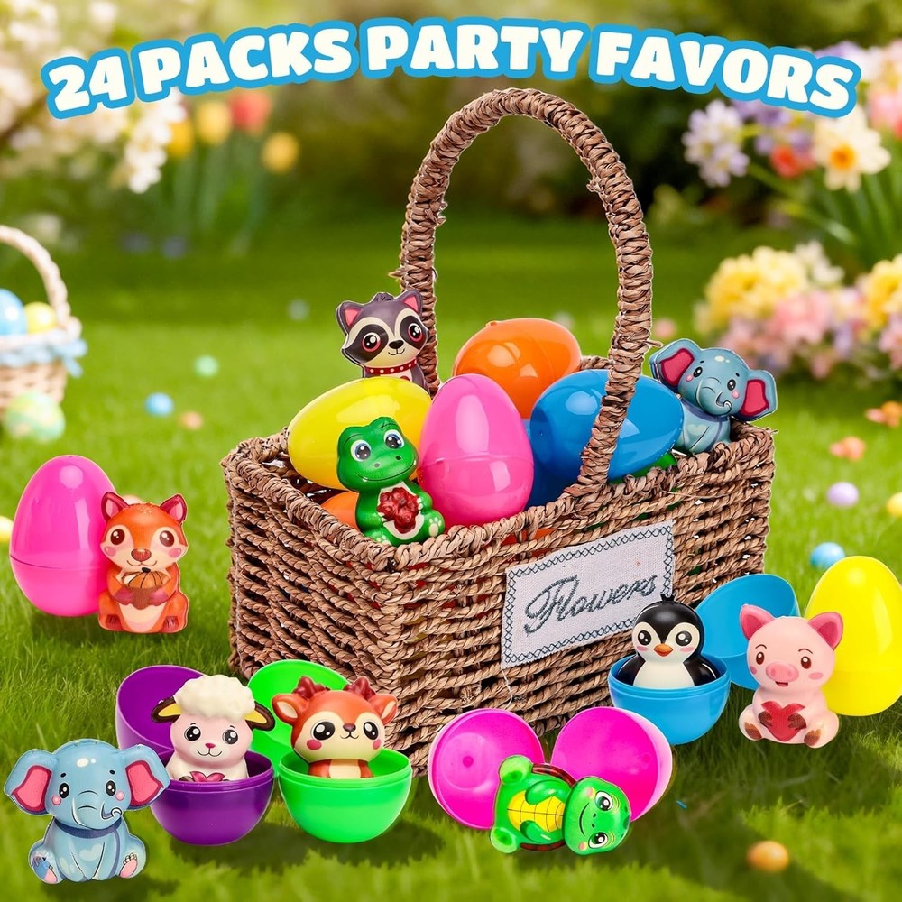 24 Pack Prefilled Easter Eggs with Squishy Animal Toys, Pre-Filled Easter Eggs