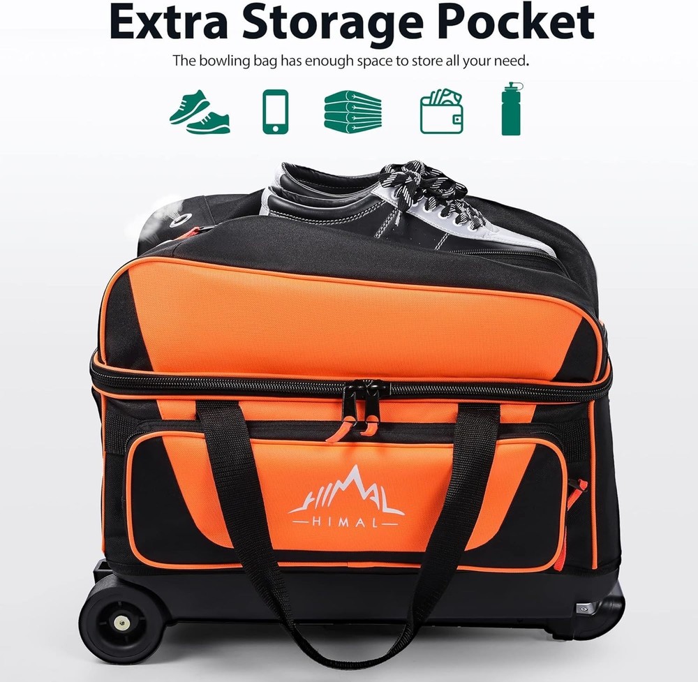 Double Roller 2 Ball Bowling Bag with Shoe Compartment and Retractable Handle