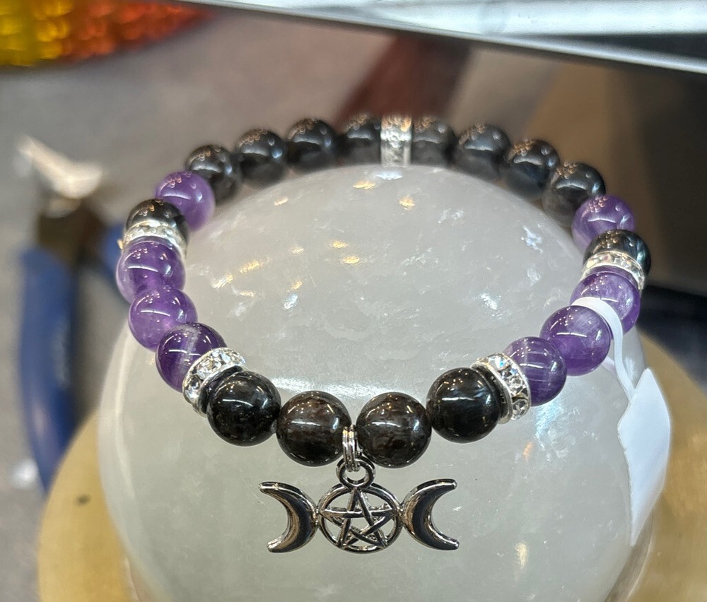 Amethyst & Nuumite 8 Mm Bracelet With Triple Moon