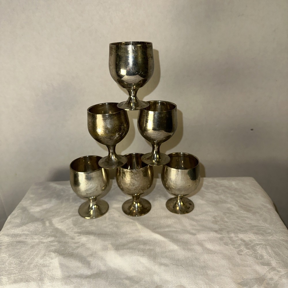 6 Silver Plate Mini Cordial Brandy Goblets Vintage