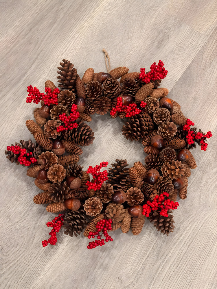 Rustic Pinecone Wreath with Red Berries : Handmade Holiday Door Decor