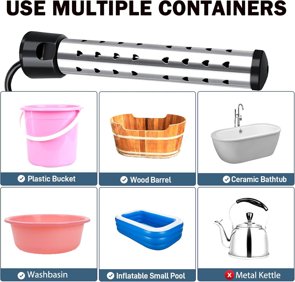 2000W Immersion Heater, Portable Electric Water Heater Fast Heating for Buckets