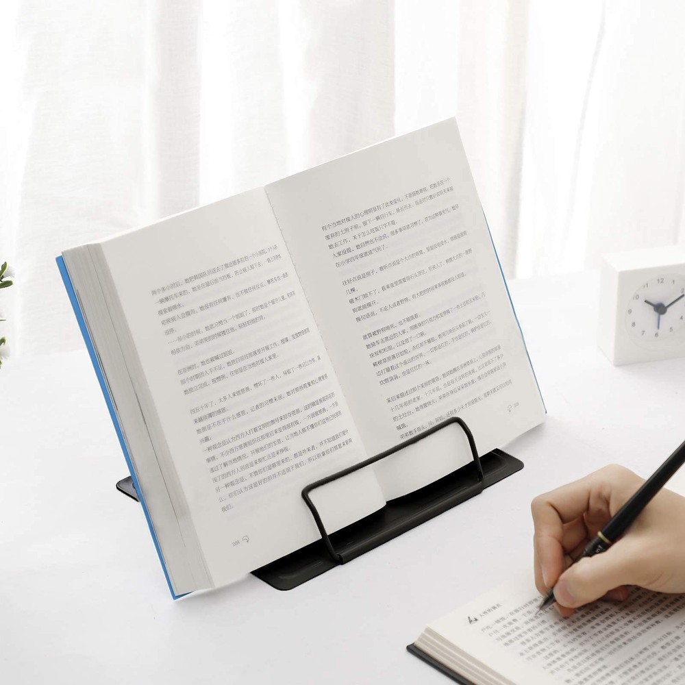 Soporte de libros de metal ajustable para leer libros de texto y documentos.