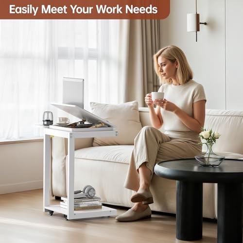 C Shaped End Table, Rolling Side Table with 4-Way C shaped table White