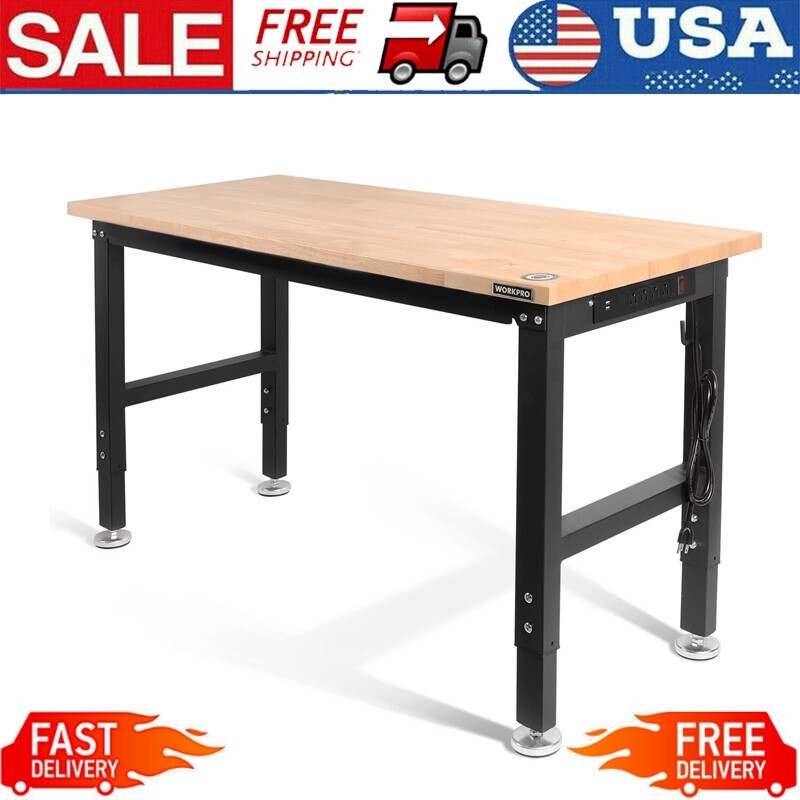 48" Worktable Adjustable Heavy-Duty Steel Frame Solid Rubberwood Tabletop Power