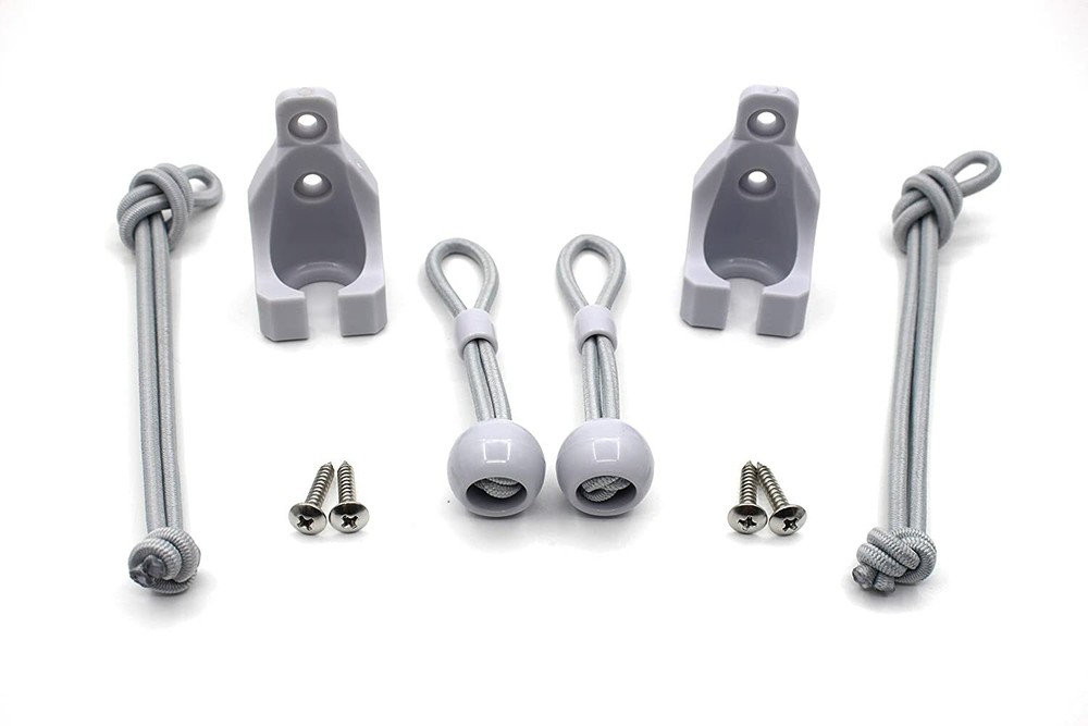 Exterior roller shade tie downs Bungee cords balls with square receivers Gray