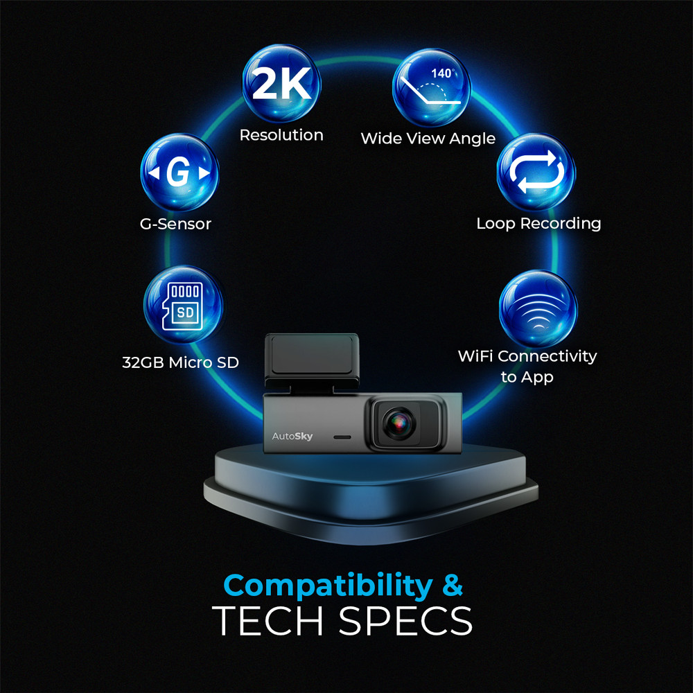 2K Dash Cam Front WiFi 140° Wide Angle G-Sensor 32GB Included