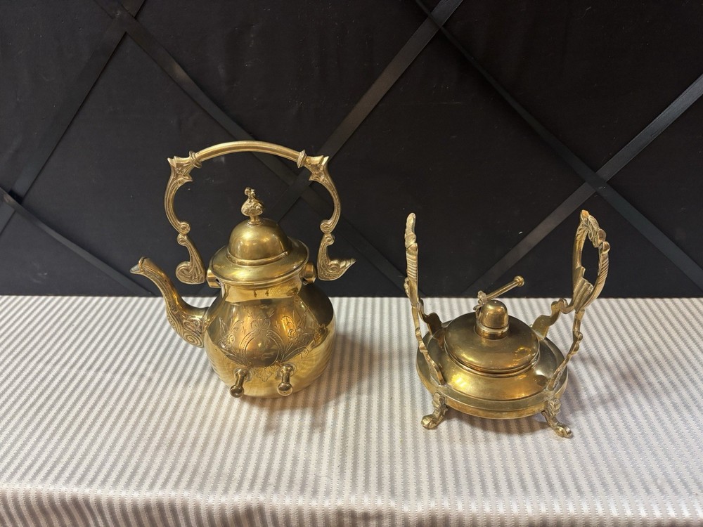 Antique Brass Tilting Kettle With Warmer Stand