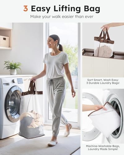 Laundry Hamper 3 Section, Extra Large Laundry Hamper with Lid, 180L Off-white
