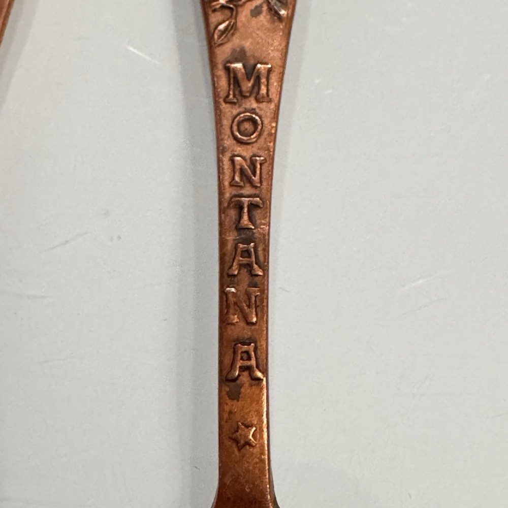 2 Antique Montana Solid Copper 4.5" Souvenir Spoons OROY PLATA Mining Hammered