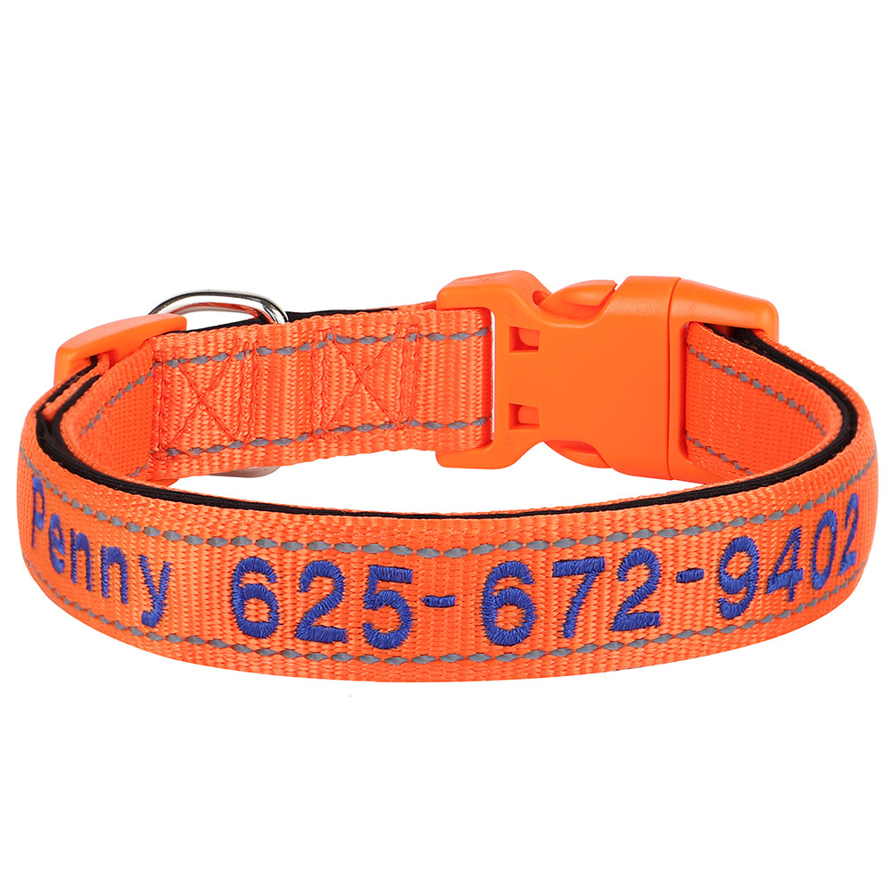 Embroidered Personalized Dog Collar Reflective Nylon Soft Padded Custom Name ID