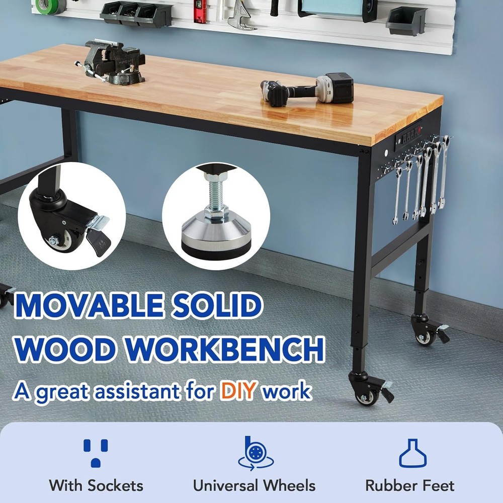 72" Adjustable Workbench, Heavy Duty Workstation with Power Outlets, 2000 LBS