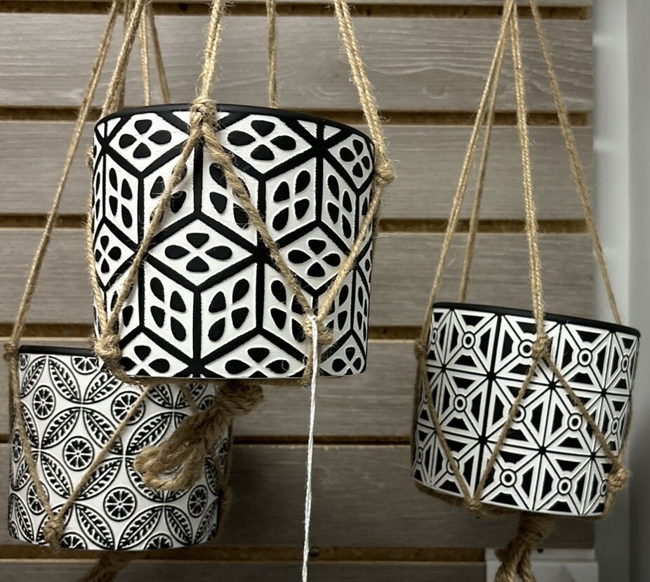 Three Ceramic Hanging Or Sill Planters With macramé B&W Designs