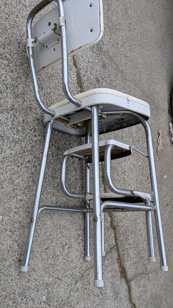 Vintage Aged White Cosco Step Stool Unique Back