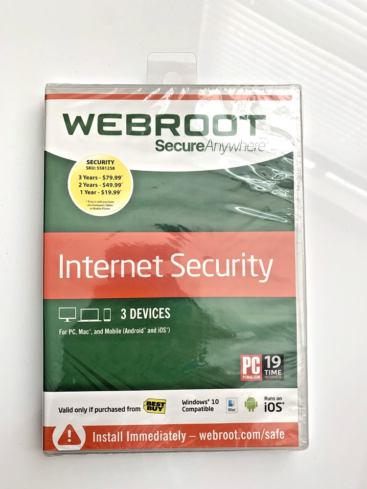 New Webroot Secure Anywhere Internet Security w/ Antivirus Windows 10, 3 Devices
