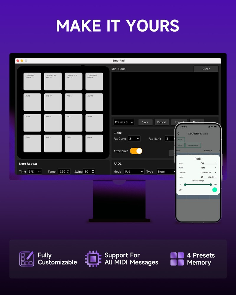 Donner STARRYPAD MINI MIDI Controller 16 Pads Beat Maker Machine Drum Machine