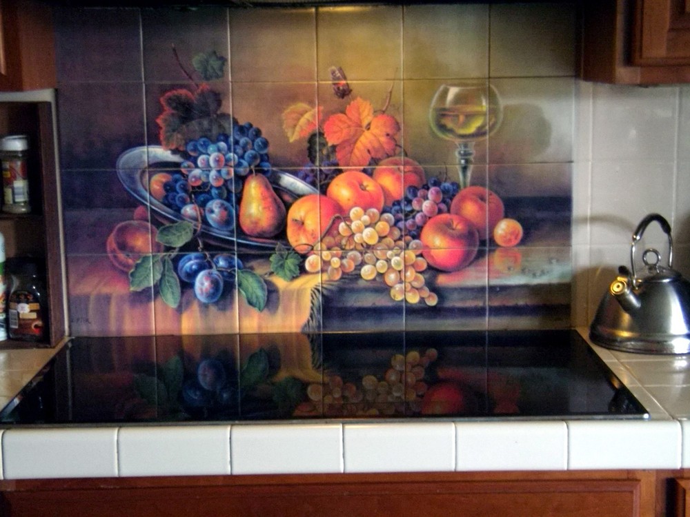24 x 16 Apple Mural Tumbled Marble Backsplash Tile #465