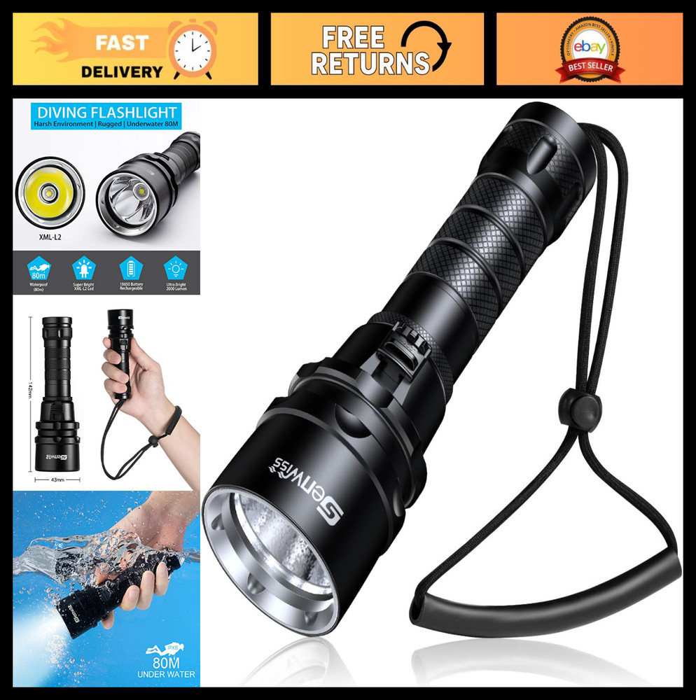 2000 Lumen Waterproof Scuba Diving Flashlight Torch, Underwater LED Dive Light w