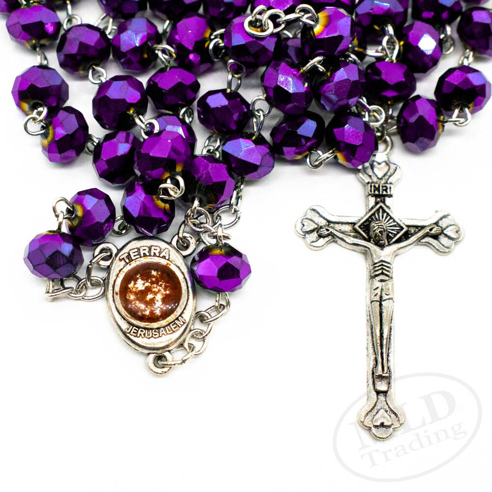 Deep Purple Crystal Beads Rosary Necklace Catholic Holy Center & Cross Crucifix