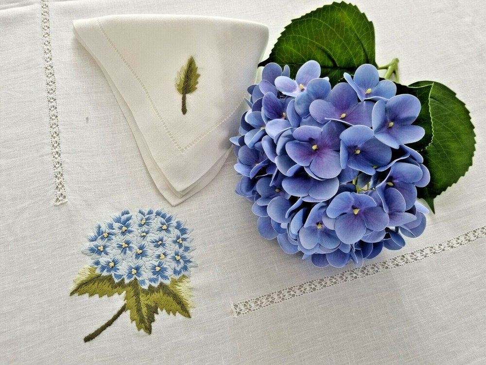 Elegant Tablecloth x12 Pure Linen Embroidery Hydrangeas Solid Stitch Handmade