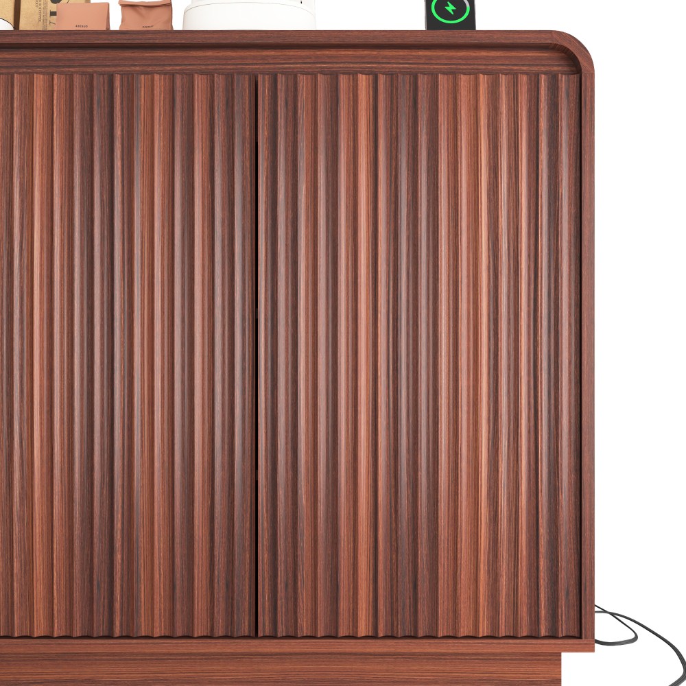 Walnut TV Stand with Power Outlet, Adjustable Storage, Fluted Handleless