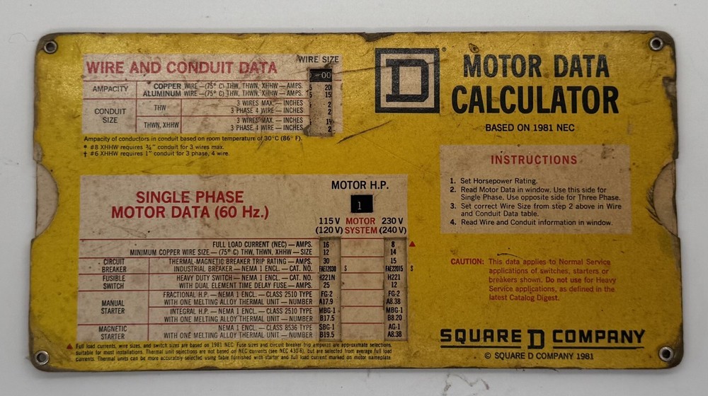 Vintage Square D Motor Data Slide Calculator Chart 1981 NEC Engineering Electric