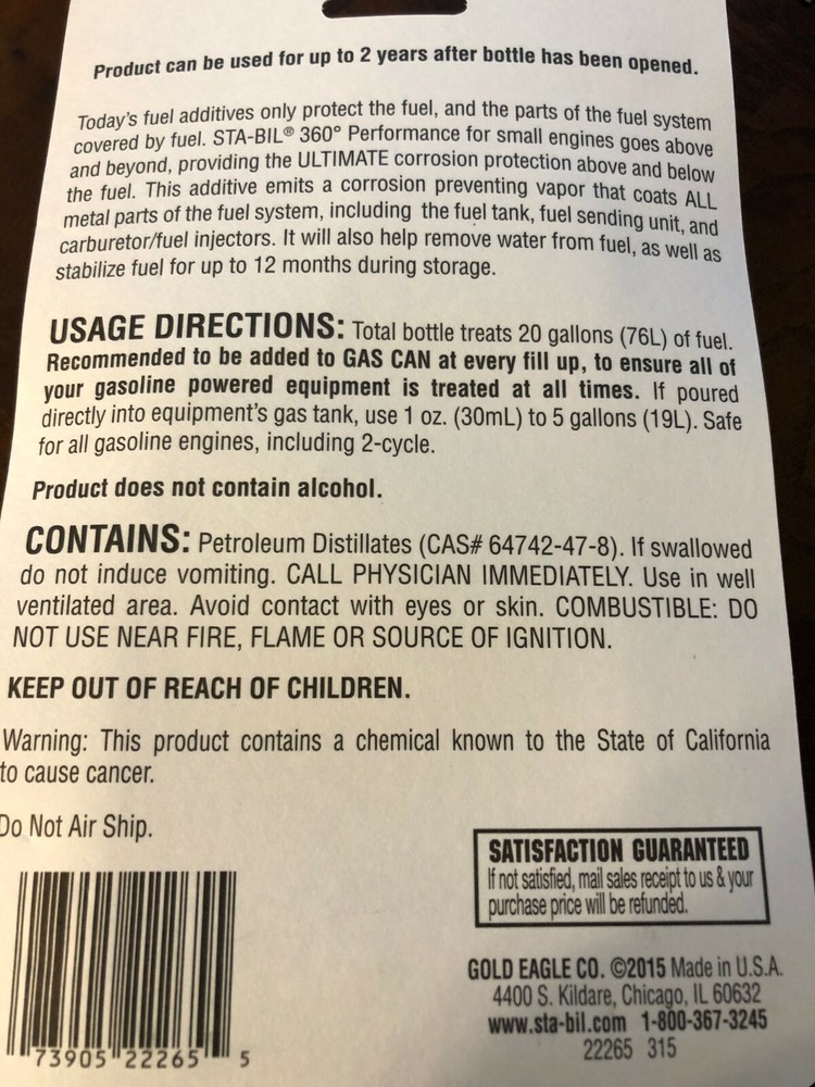 Gold Eagle Sta-Bil Ethanol Treatment & Performance Improver 4oz 22265