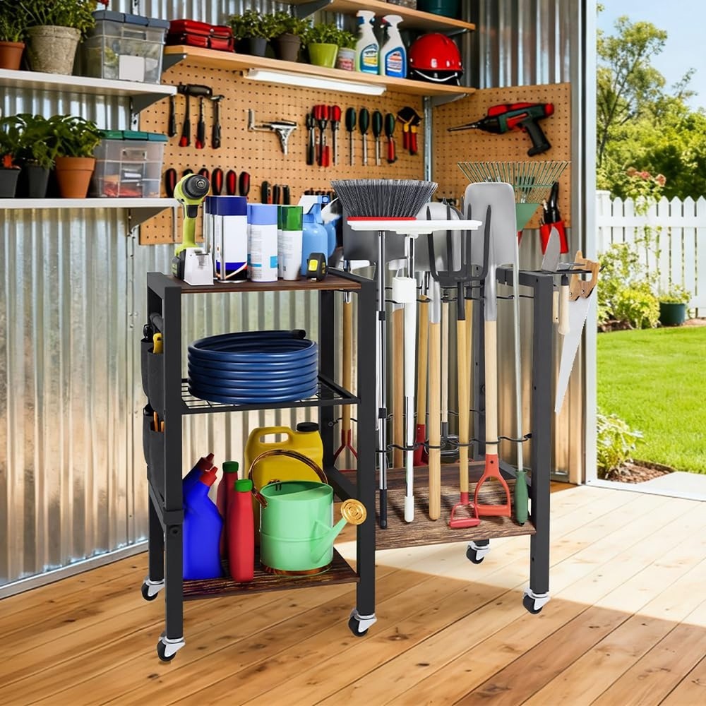 Garden Tool Organizer with Lockable Wheels, Heavy Duty Yard Tool Storage Rack...