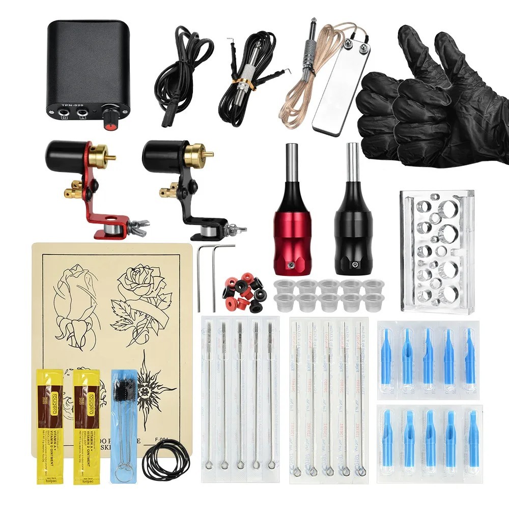 Complete Rotary Tattoo Machine Kit Shader Liner Assorted Set PowerSupply Needle