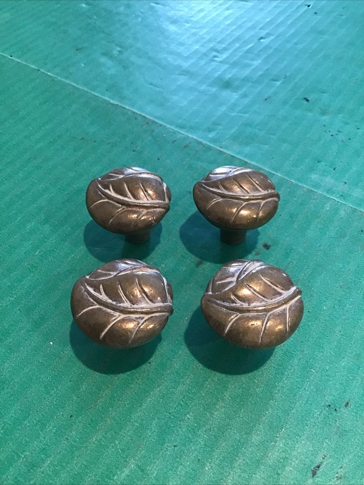 (4) Vintage Rare Keeler Brass LEAF CABINET KNOB PULL Solid (matches 45966 pull)