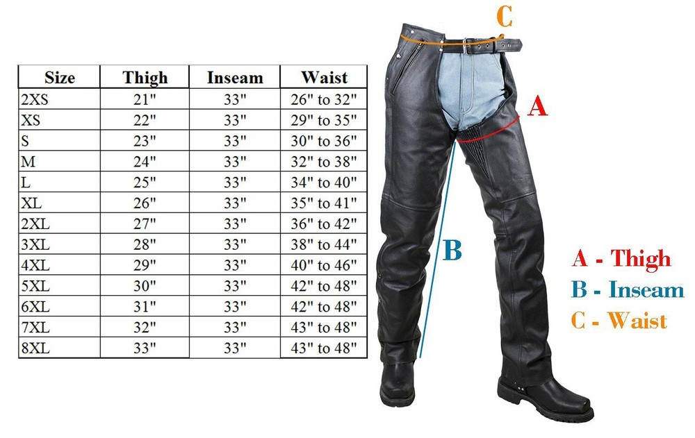 Men's Motorcycle Black Split Leather Chaps with Multiple Pockets and Mesh Lining