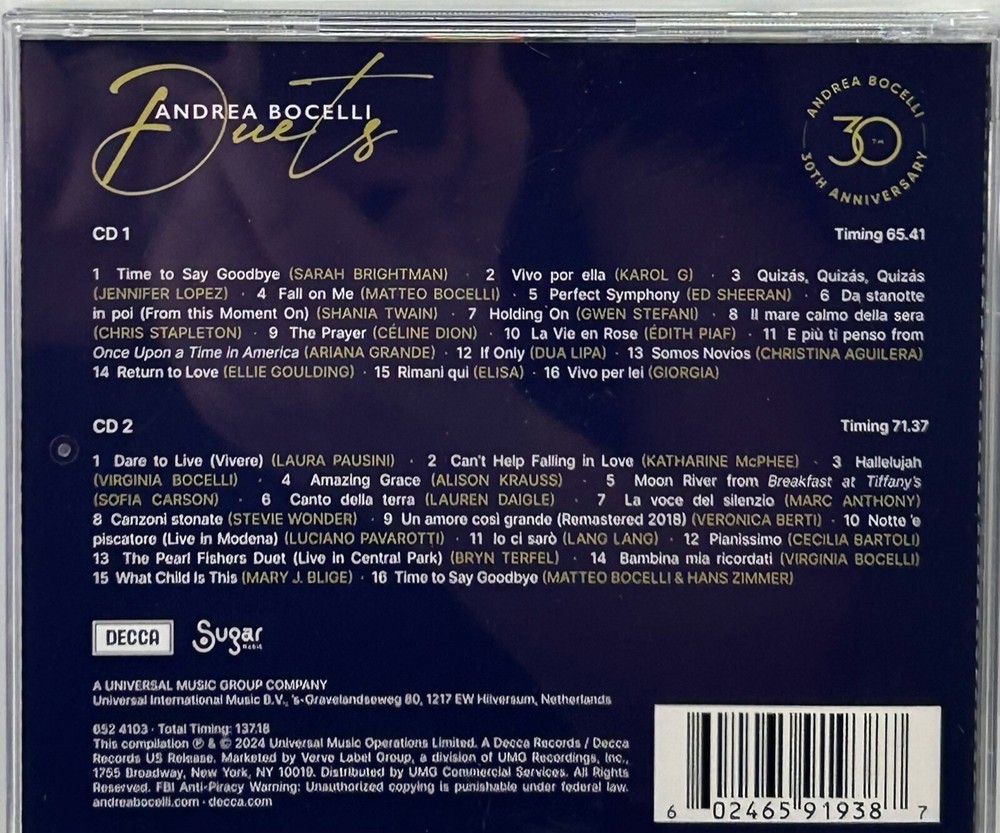 ANDREA BOCELLI Signed Autograph CD "Duets" ACOA