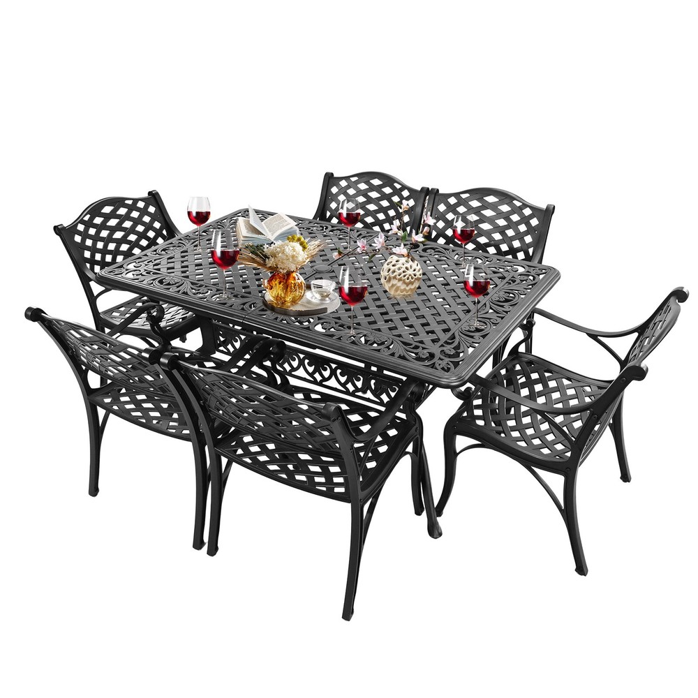 7 Pieces Patio Dining Set Cast Aluminum Rectangular 60"Patio Table and 6 Chairs