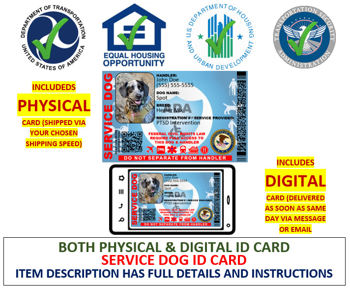 SERVICE DOG ID CARD ADA  2 SIDED CUSTOMIZABLE PHYSICAL & DIGITAL CARD